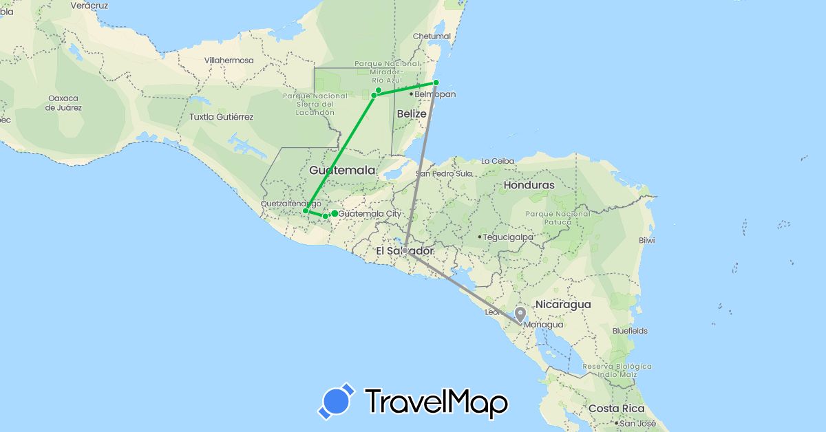 TravelMap itinerary: driving, bus, plane in Belize, Guatemala, Nicaragua, El Salvador (North America)